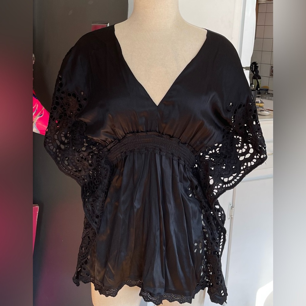 Fabulous Hale Bob black silk flowing top - lace sleeves; great blouse or coverup
